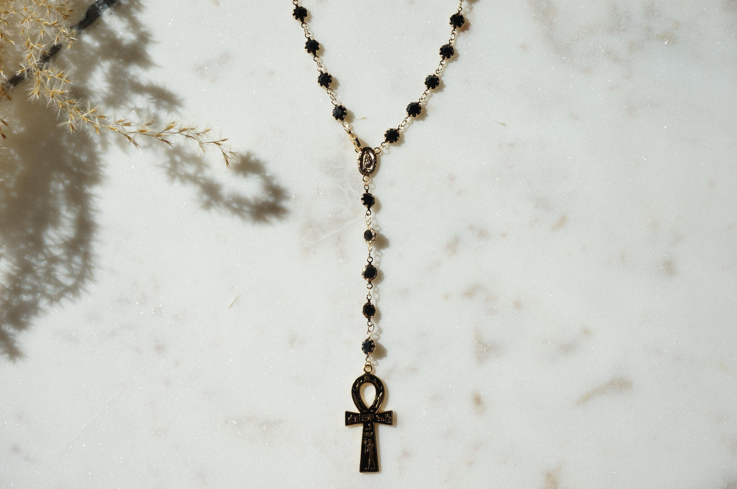 Gold and Black Crystal Ankh Rosary Necklace