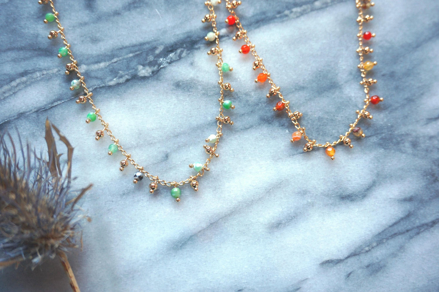 Gold Beaded Chain Choker in Green / Amber