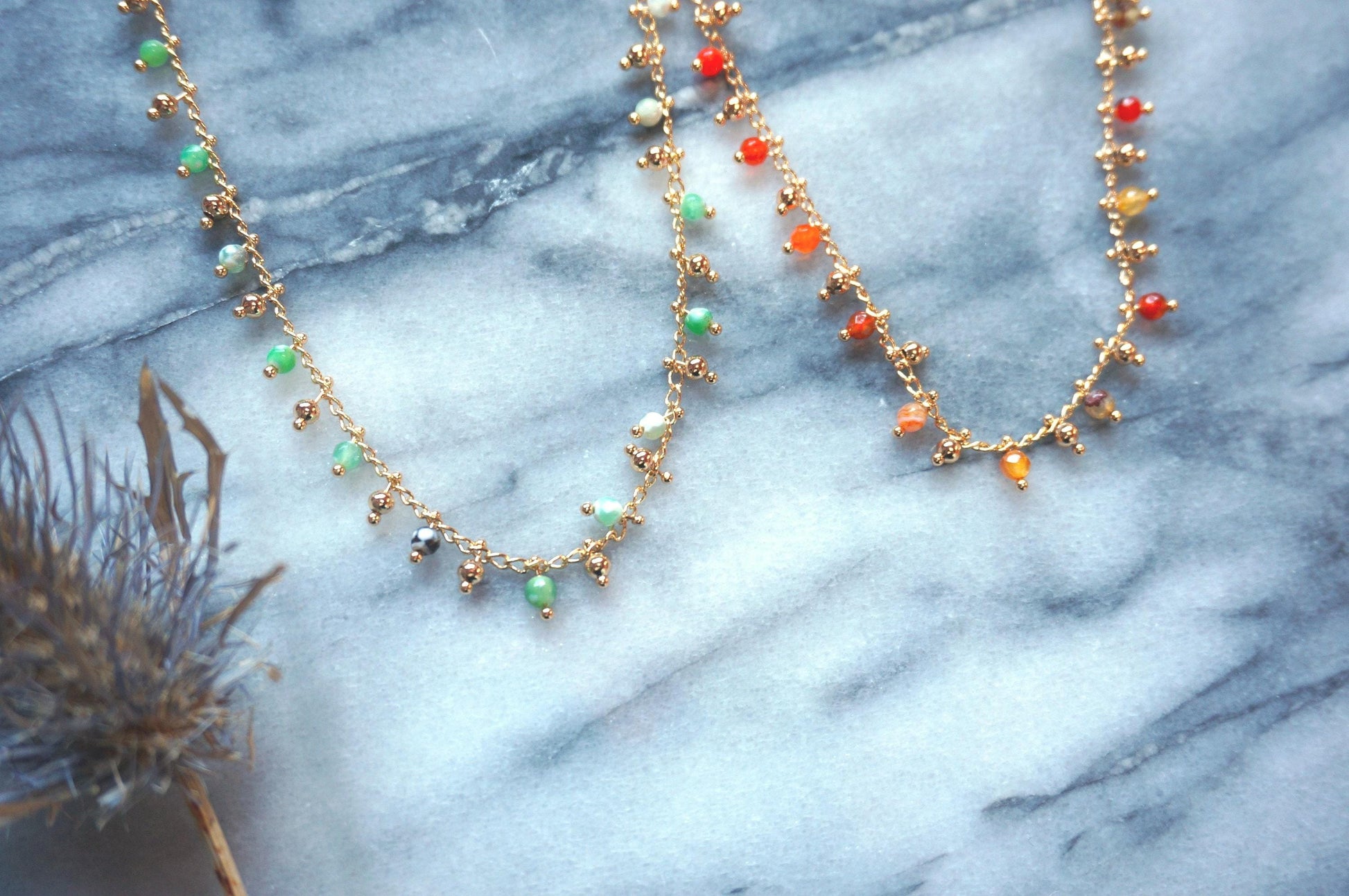 Gold Beaded Chain Choker in Green / Amber