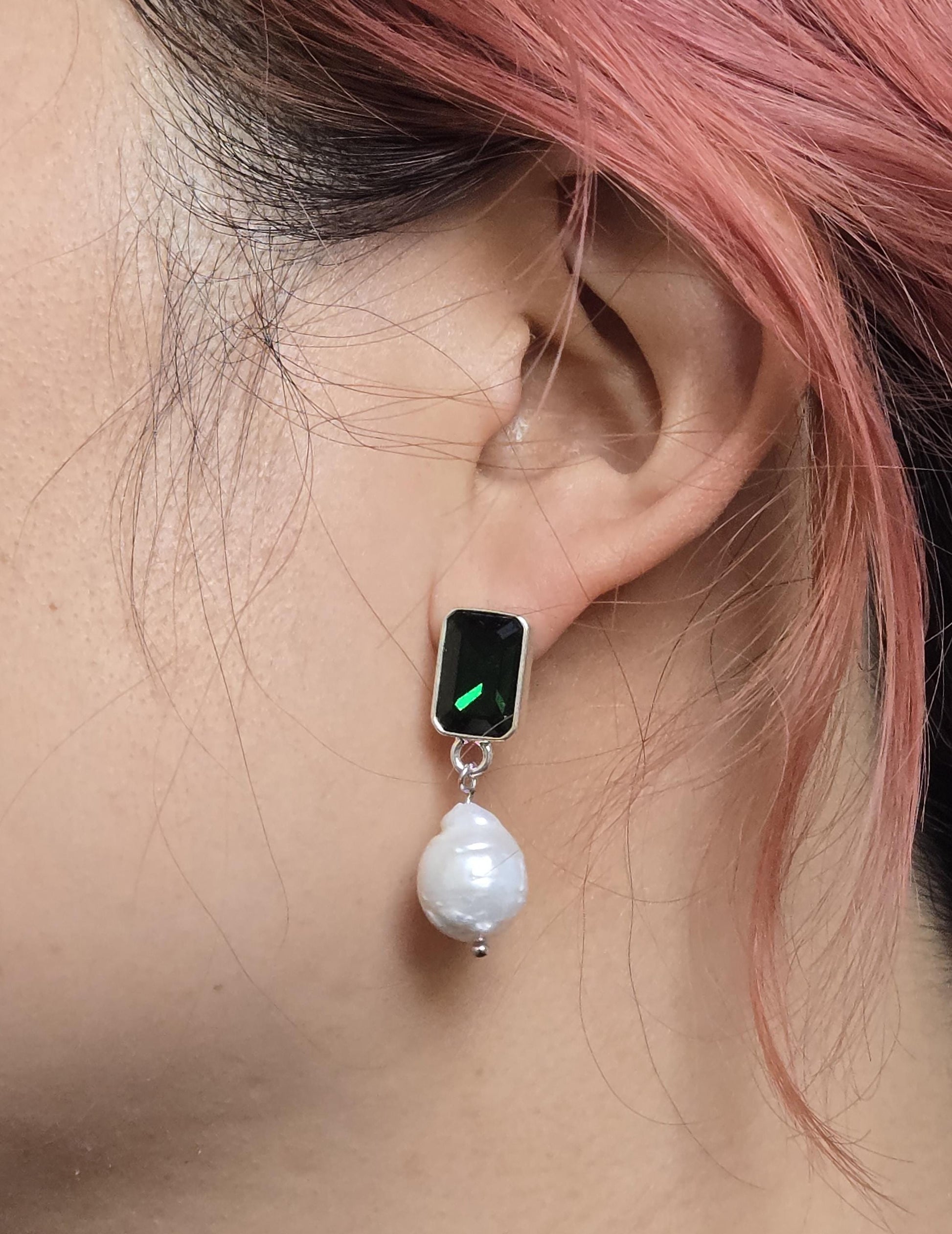 Green Gem Chunky Pearldrop Stud Earrings