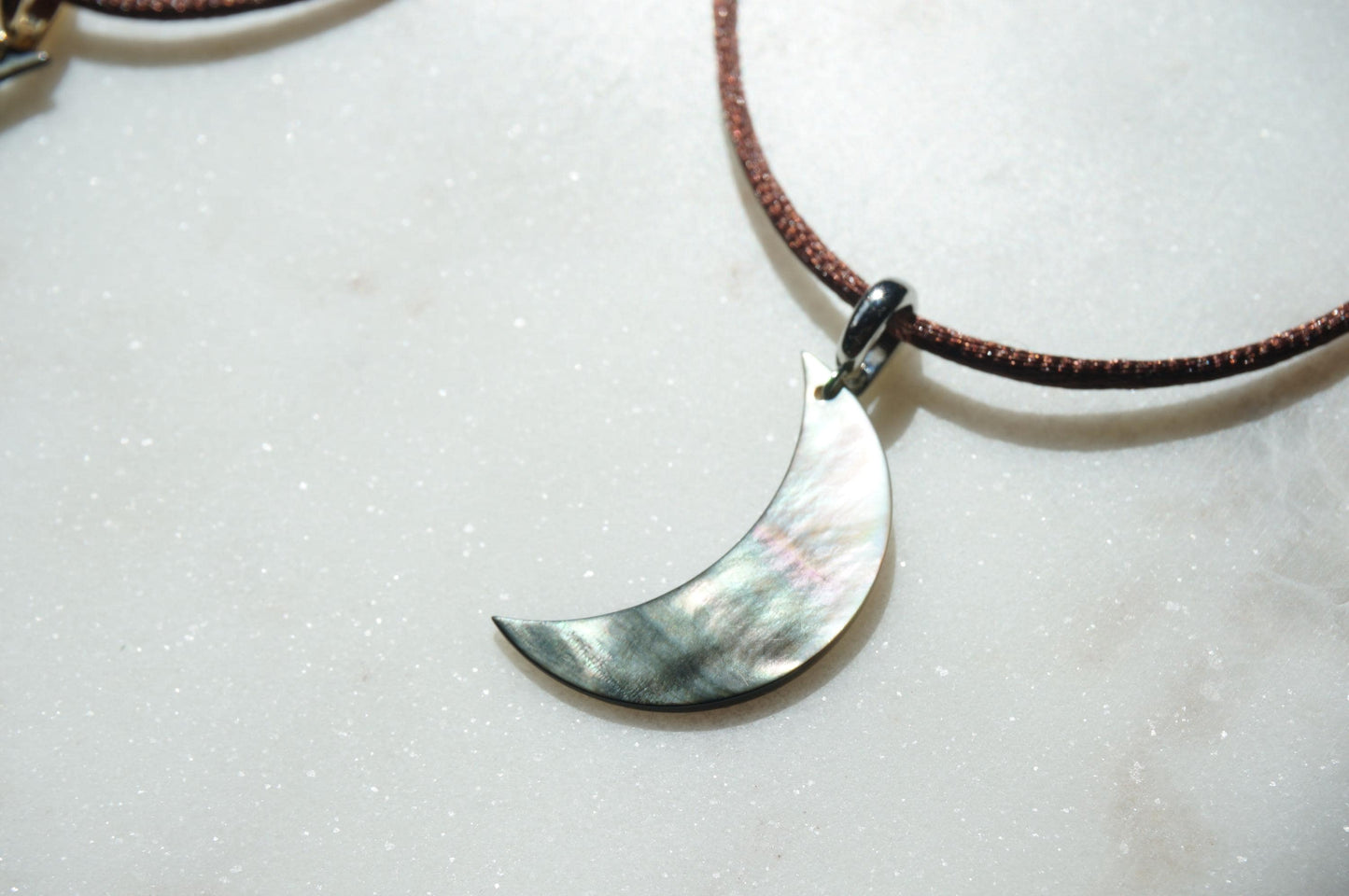 Pearl Crescent Moon Boho Sateen Cord Necklace