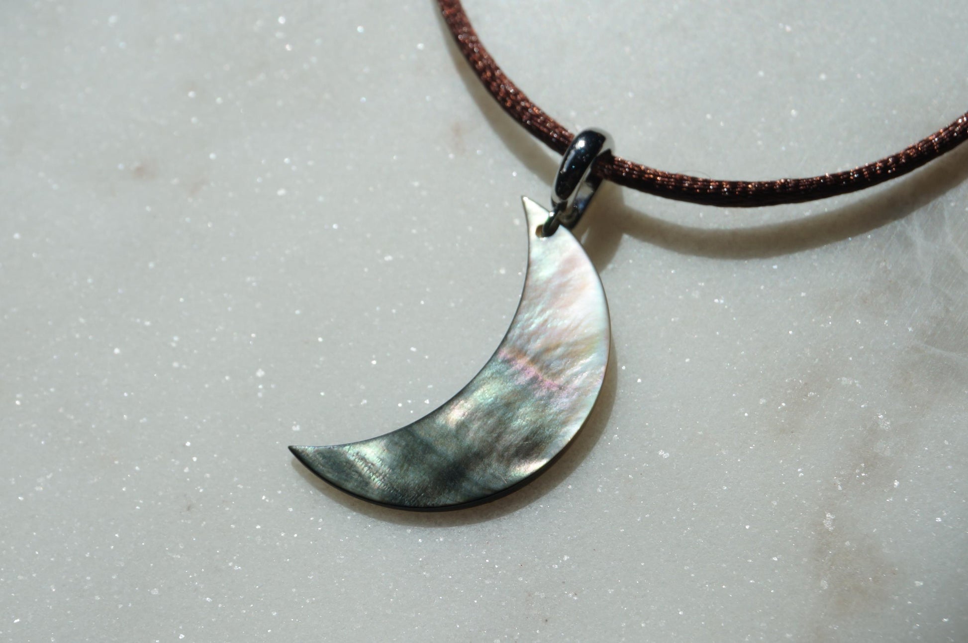 Pearl Crescent Moon Boho Sateen Cord Necklace