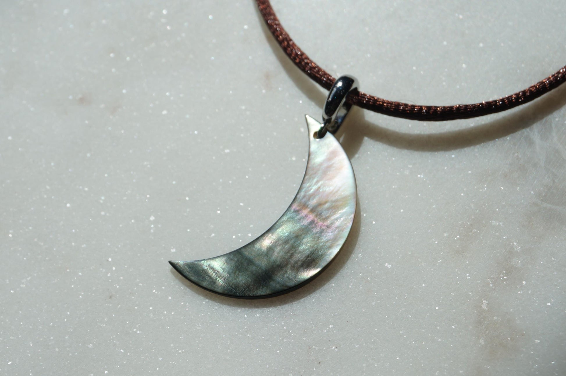 Pearl Crescent Moon Boho Sateen Cord Necklace