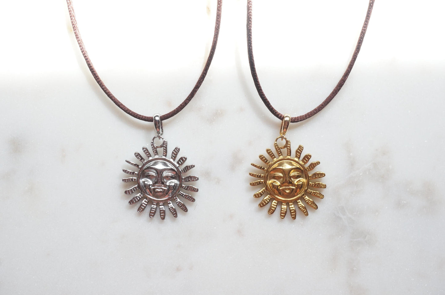 Gold/Silver Whimsical Sun Pendant Boho Sateen Cord Necklace