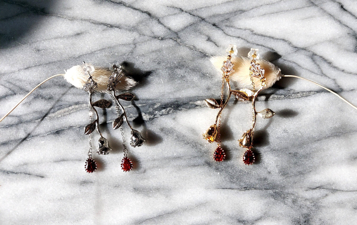 EMILY Rose and Blood Drop Dangle 2 Way Earrings / Gold, Silver Deep Red Teardrop Earrings