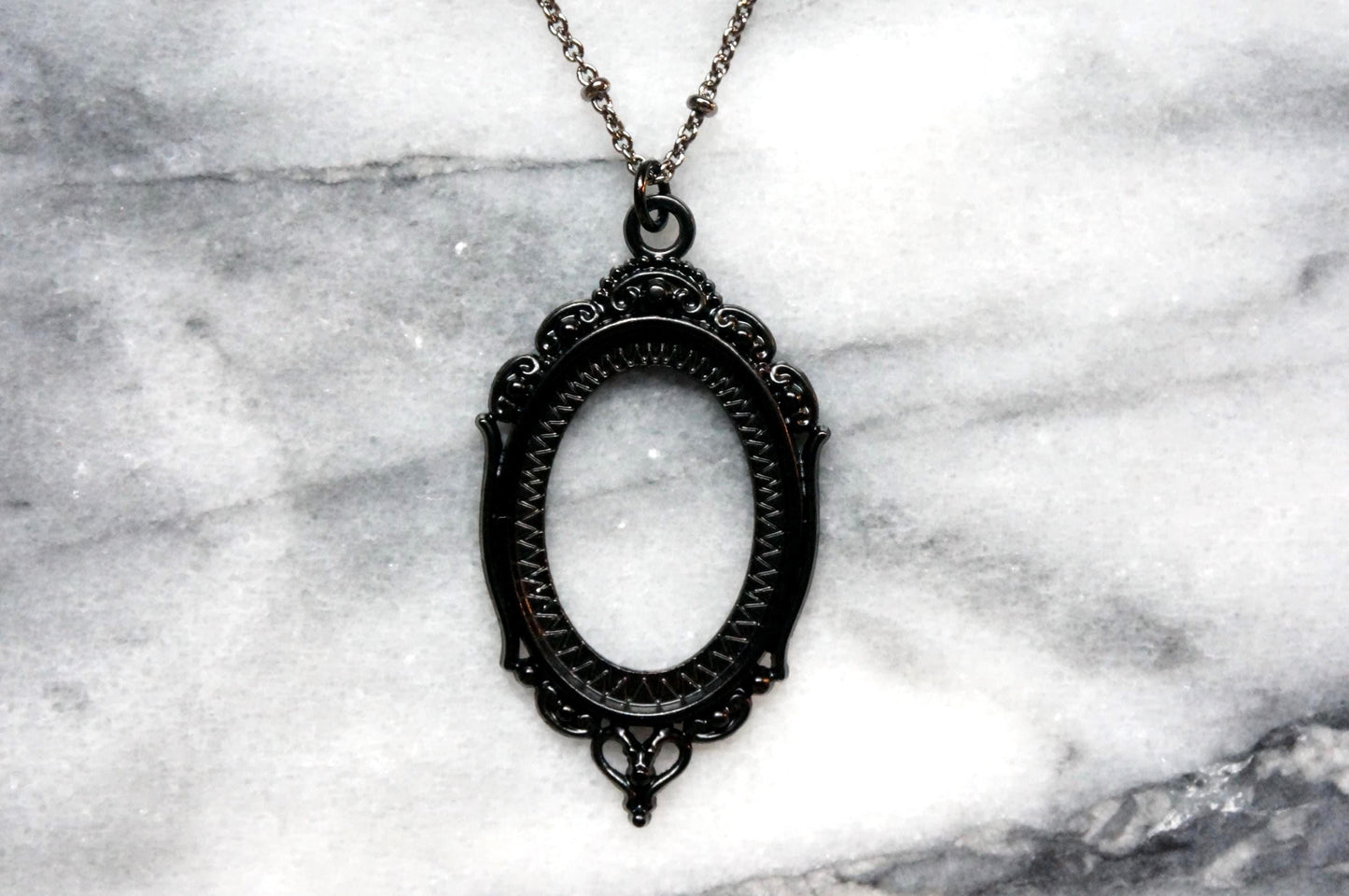 NEVERMORE Black Oval Ornate Frame Necklace / Gothic Oval Necklace