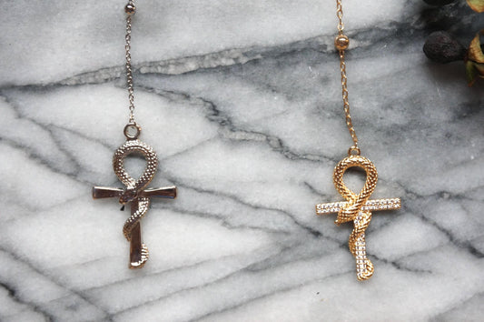 Snake Ankh and Moon Gold/Silver Rosary Style Necklace / Cross Necklace