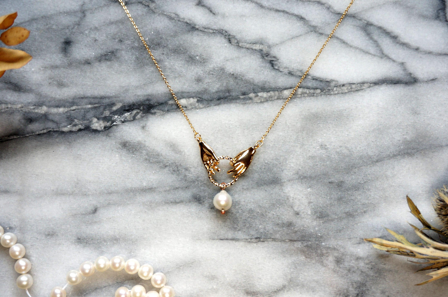 HAND-PICKED Teardrop Pearl and hands dainty necklace