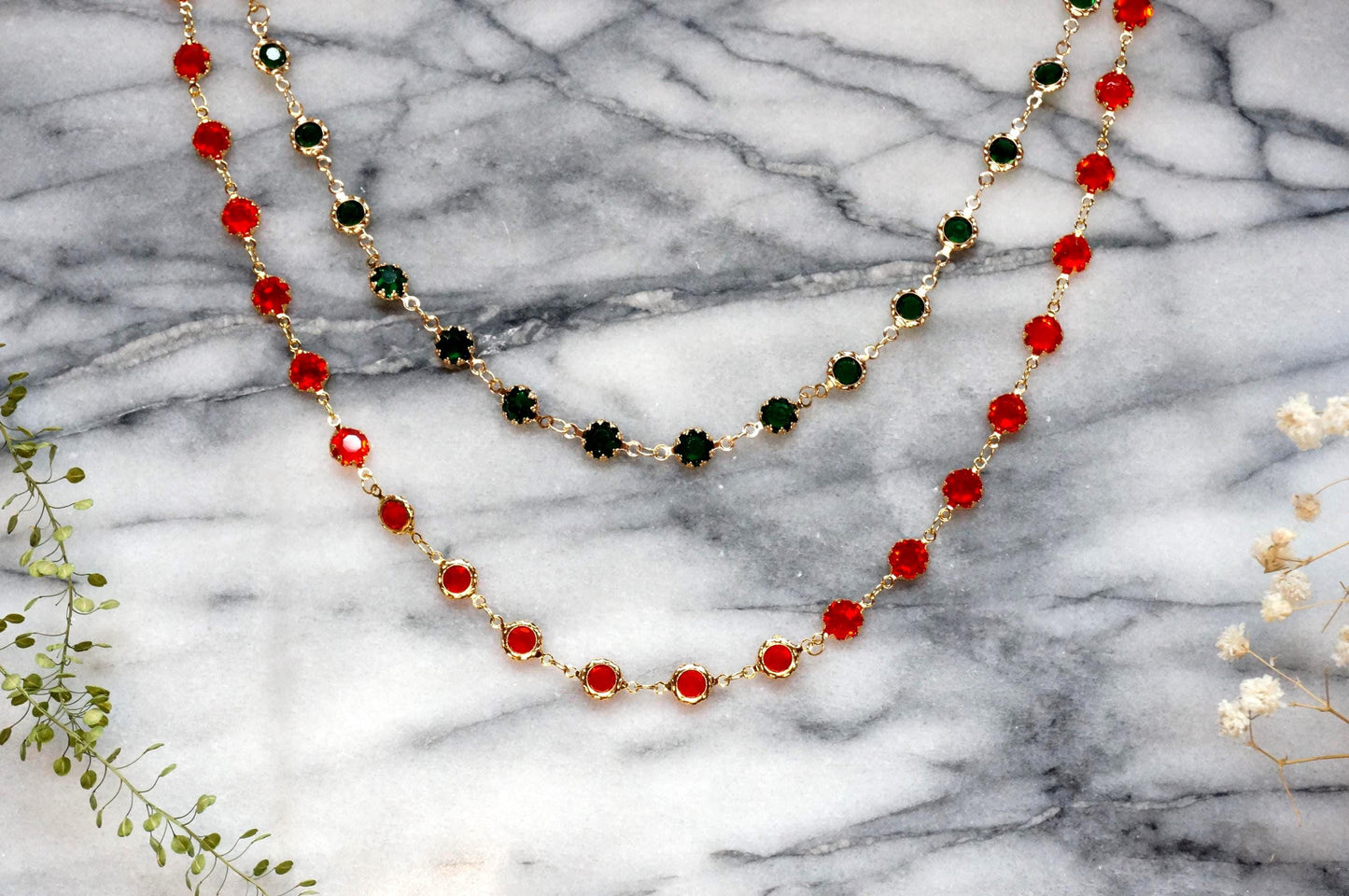 Deep Green / Red Crystal Gold Chain Choker/ Gold Chain Choker