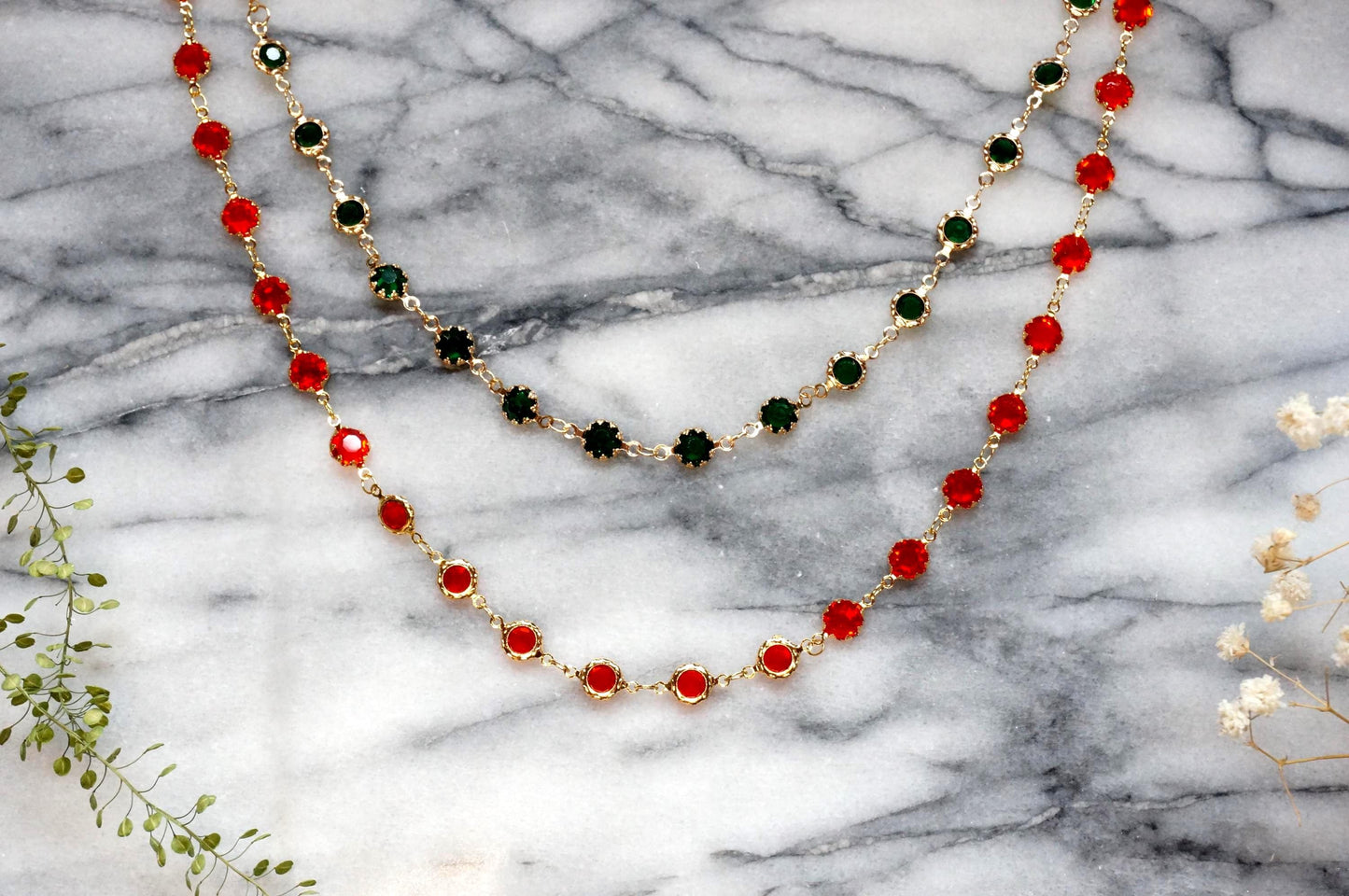 Deep Green / Red Crystal Gold Chain Choker/ Gold Chain Choker