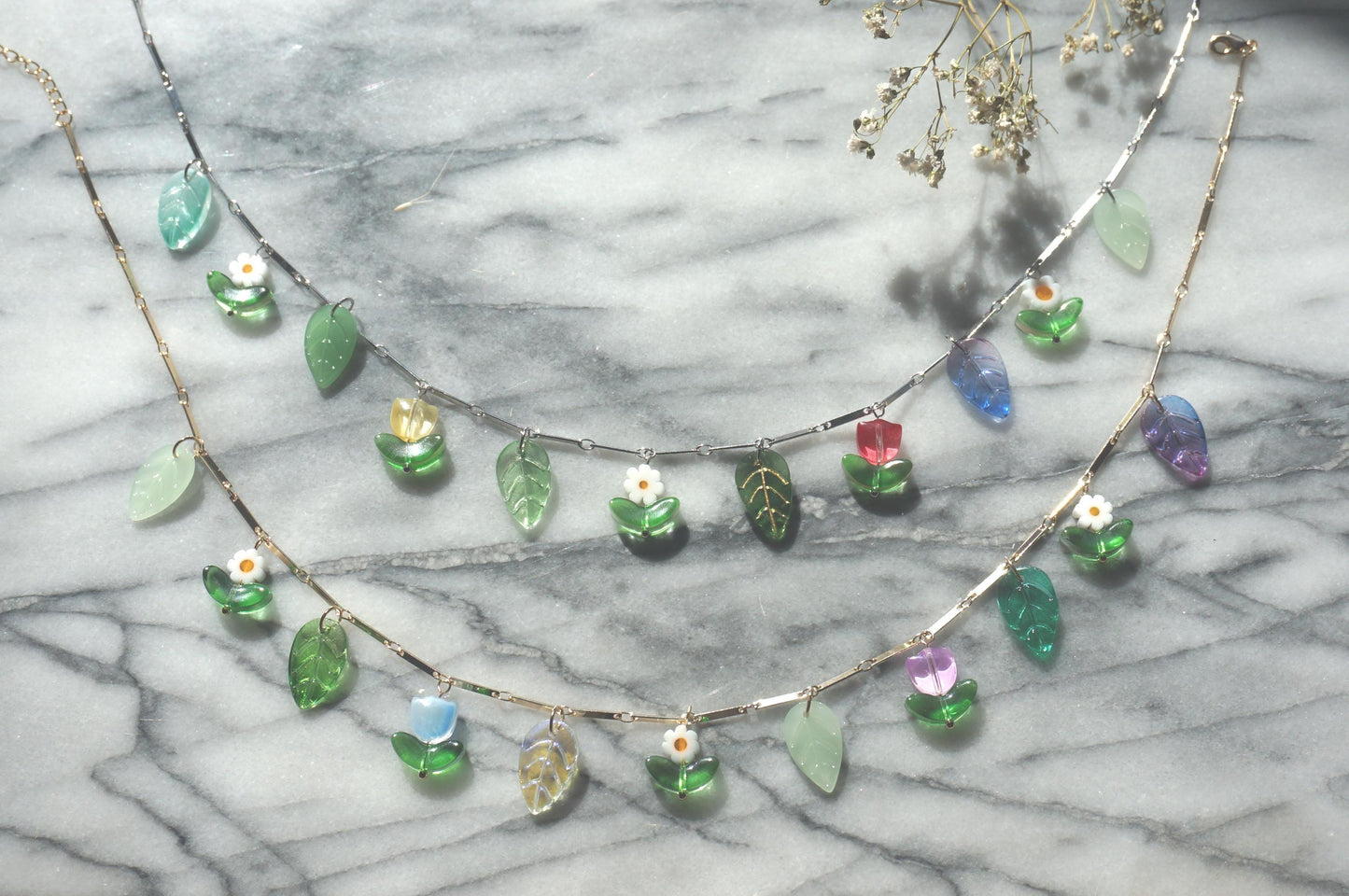 FLORA flowers and leaves cluster necklace Gold/Silver / Fairycore necklace / faerie necklace
