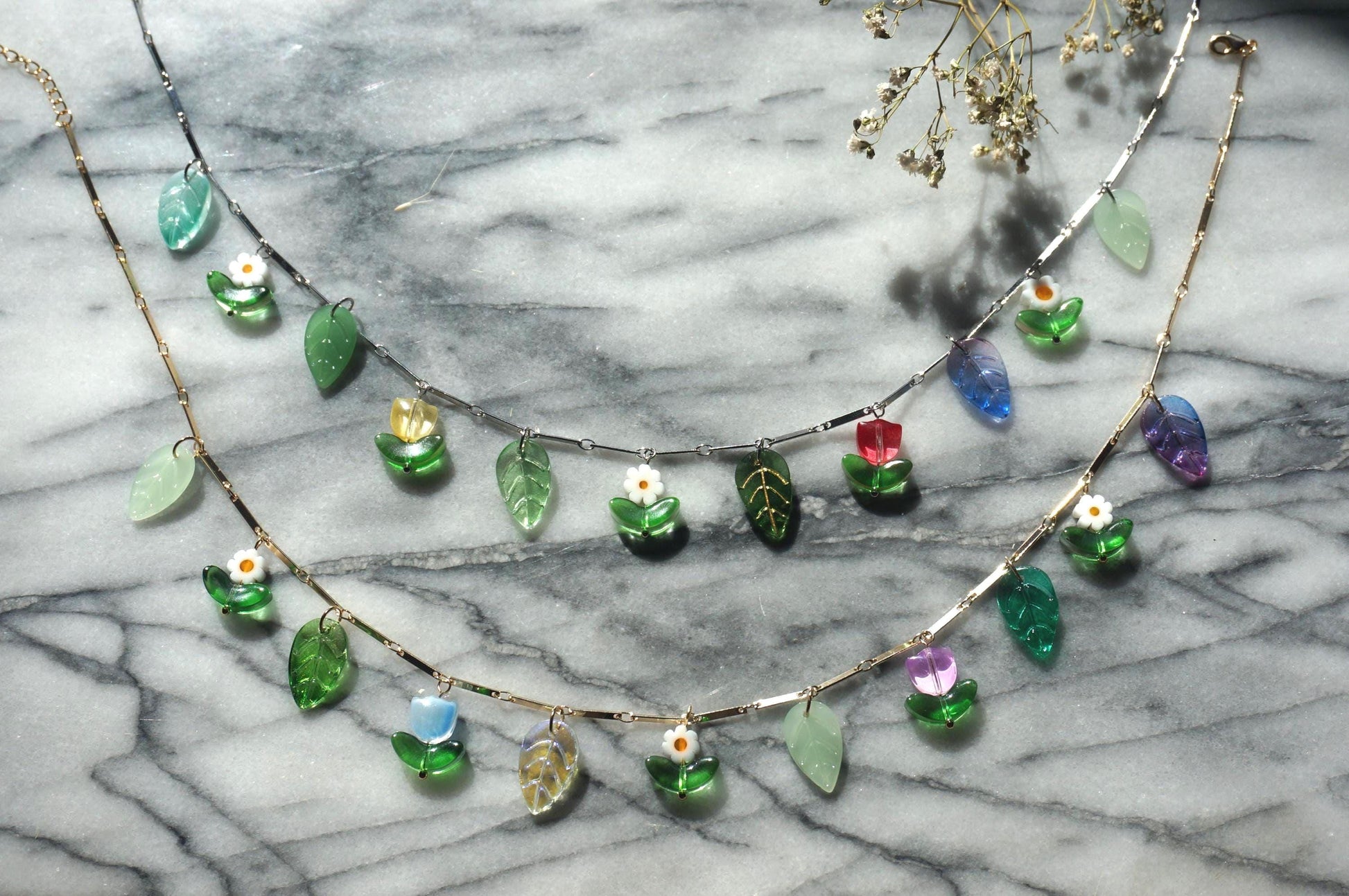 FLORA flowers and leaves cluster necklace Gold/Silver / Fairycore necklace / faerie necklace