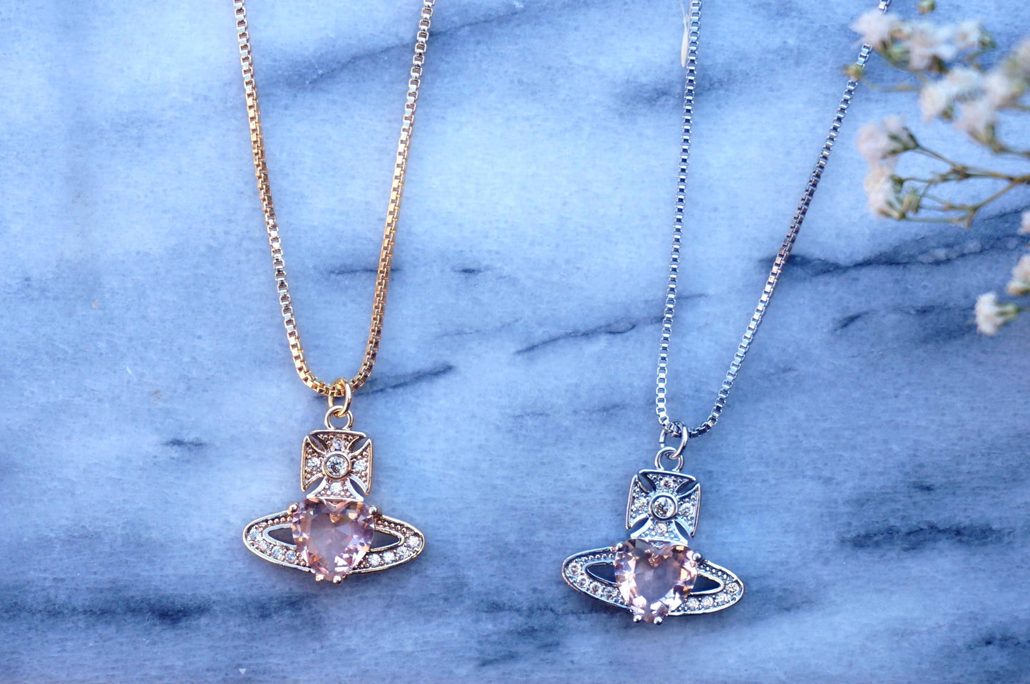 Regal Orb Pendant Necklace / Gold and Silver Peach Heart Gem Necklace