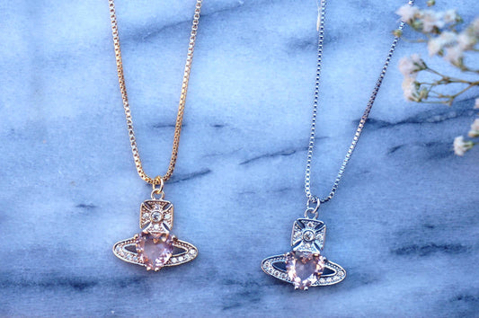 Regal Orb Pendant Necklace / Gold and Silver Peach Heart Gem Necklace