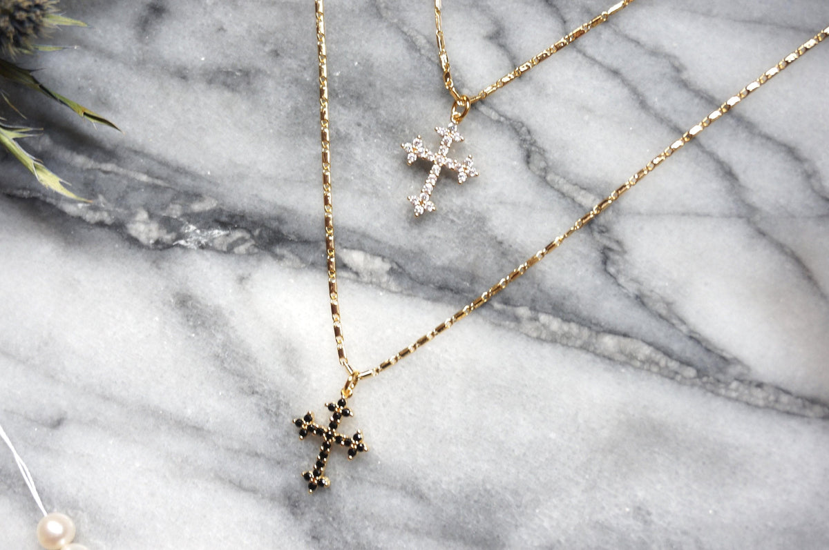 Dainty Cross Necklace: 24k Gold Plated, Antique Style, Black Cubic Zirconia