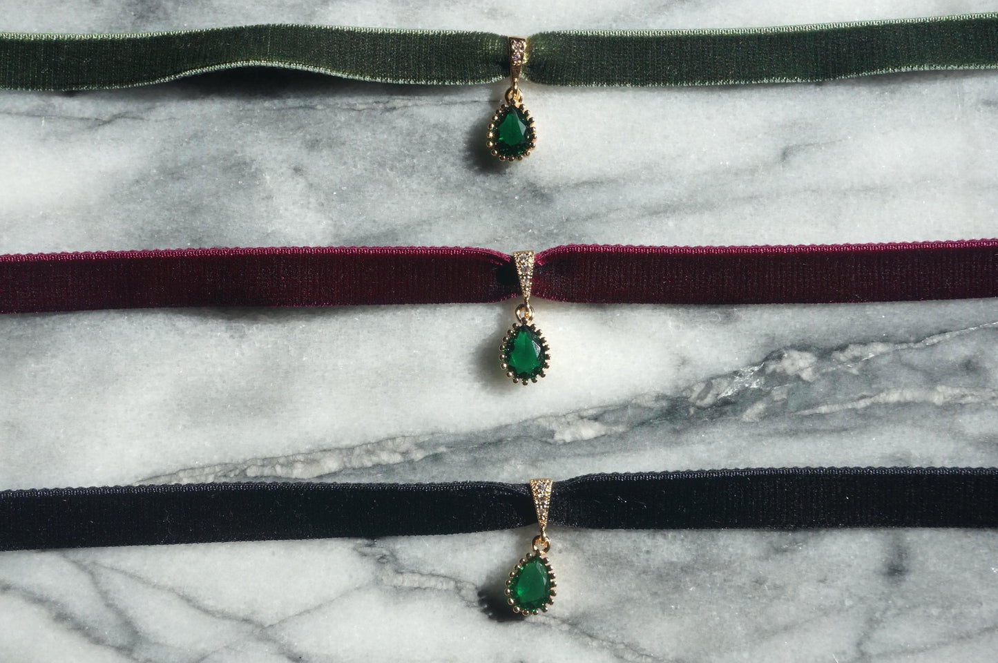 IVY Green Teardrop and Burgundy/Black / Green Stretch Velvet Choker