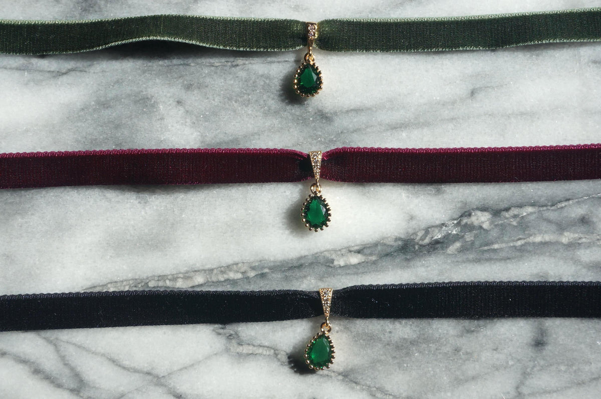 IVY Green Teardrop and Burgundy/Black / Green Stretch Velvet Choker