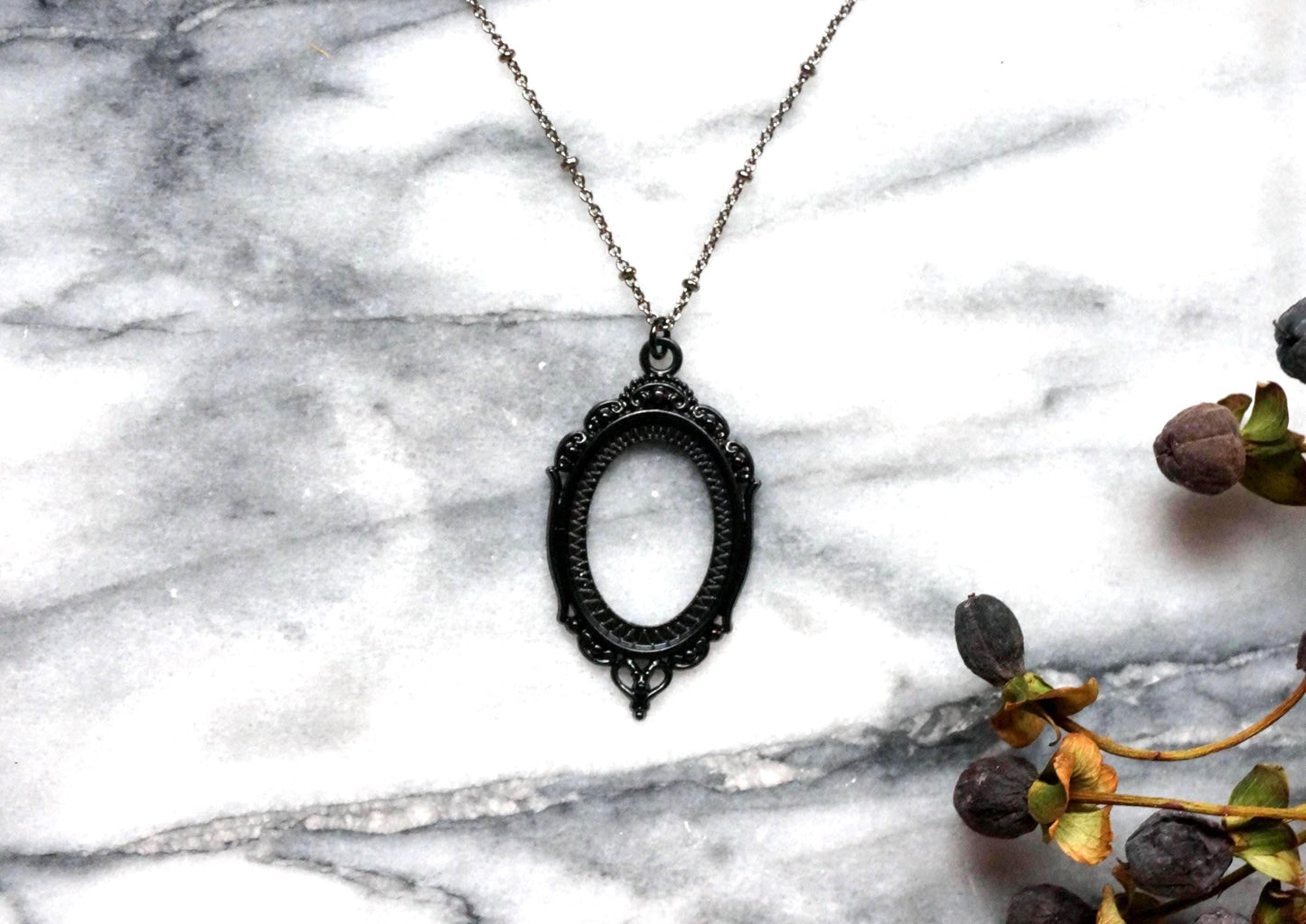 NEVERMORE Black Oval Ornate Frame Necklace / Gothic Oval Necklace