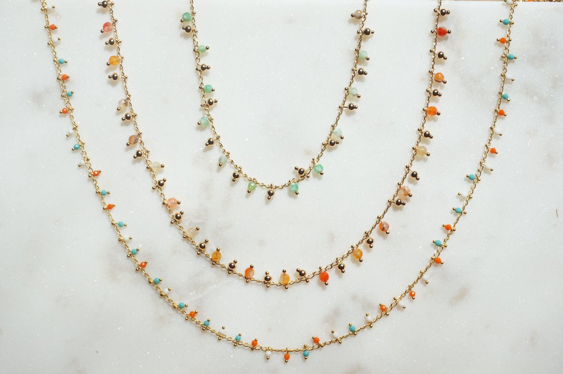 Gold Beaded Chain Choker in Green / Amber