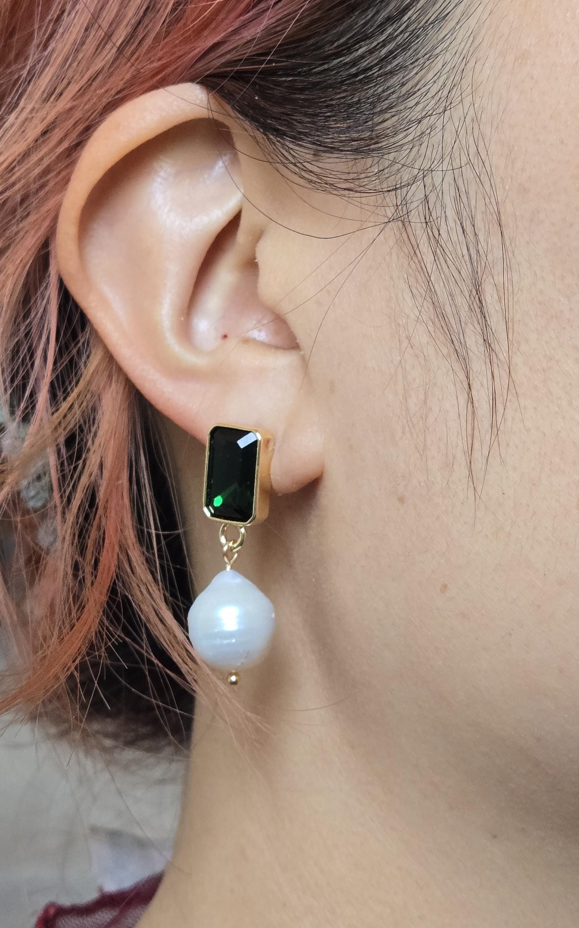 Green Gem Chunky Pearldrop Stud Earrings