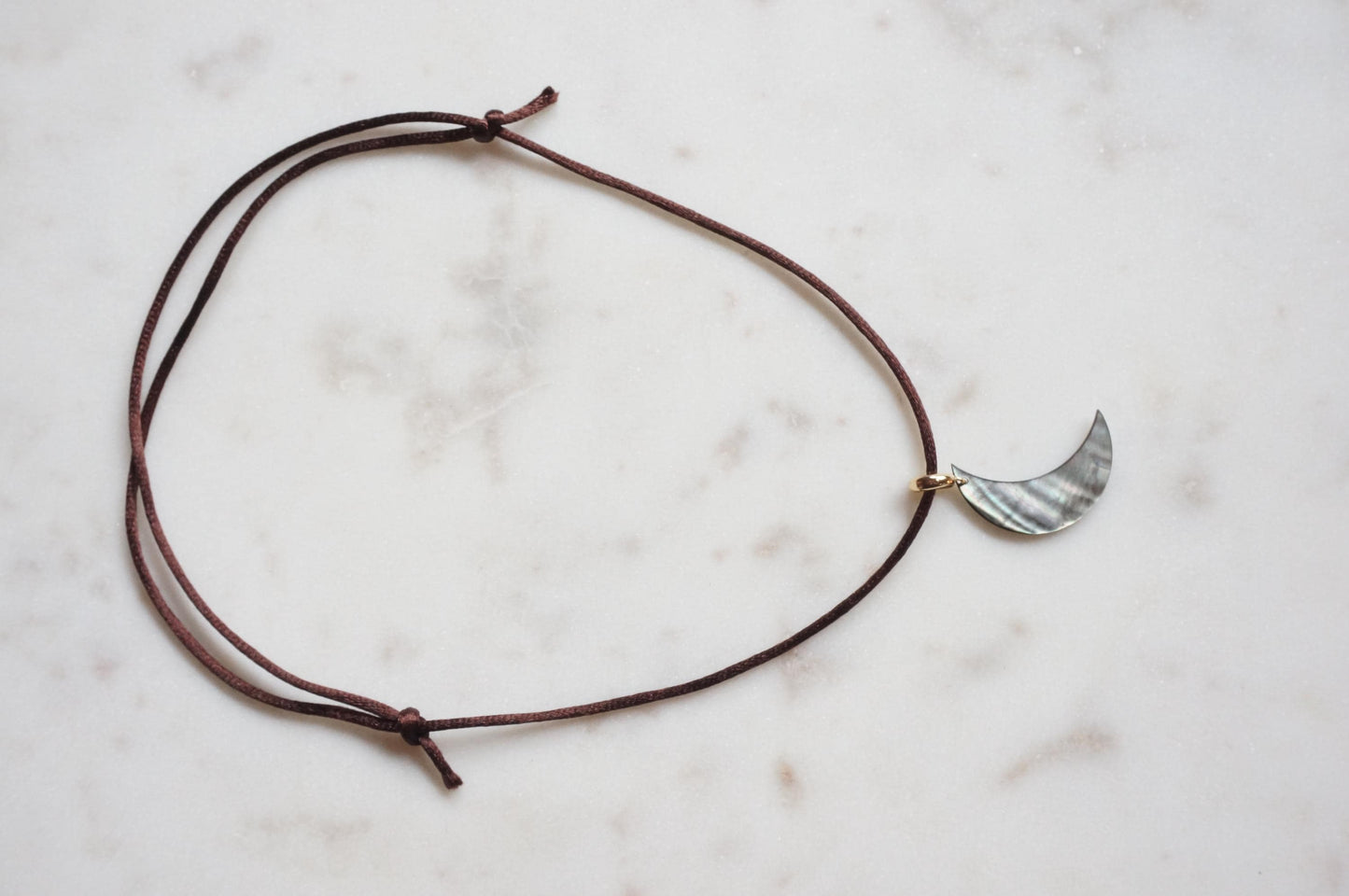 Pearl Crescent Moon Boho Sateen Cord Necklace