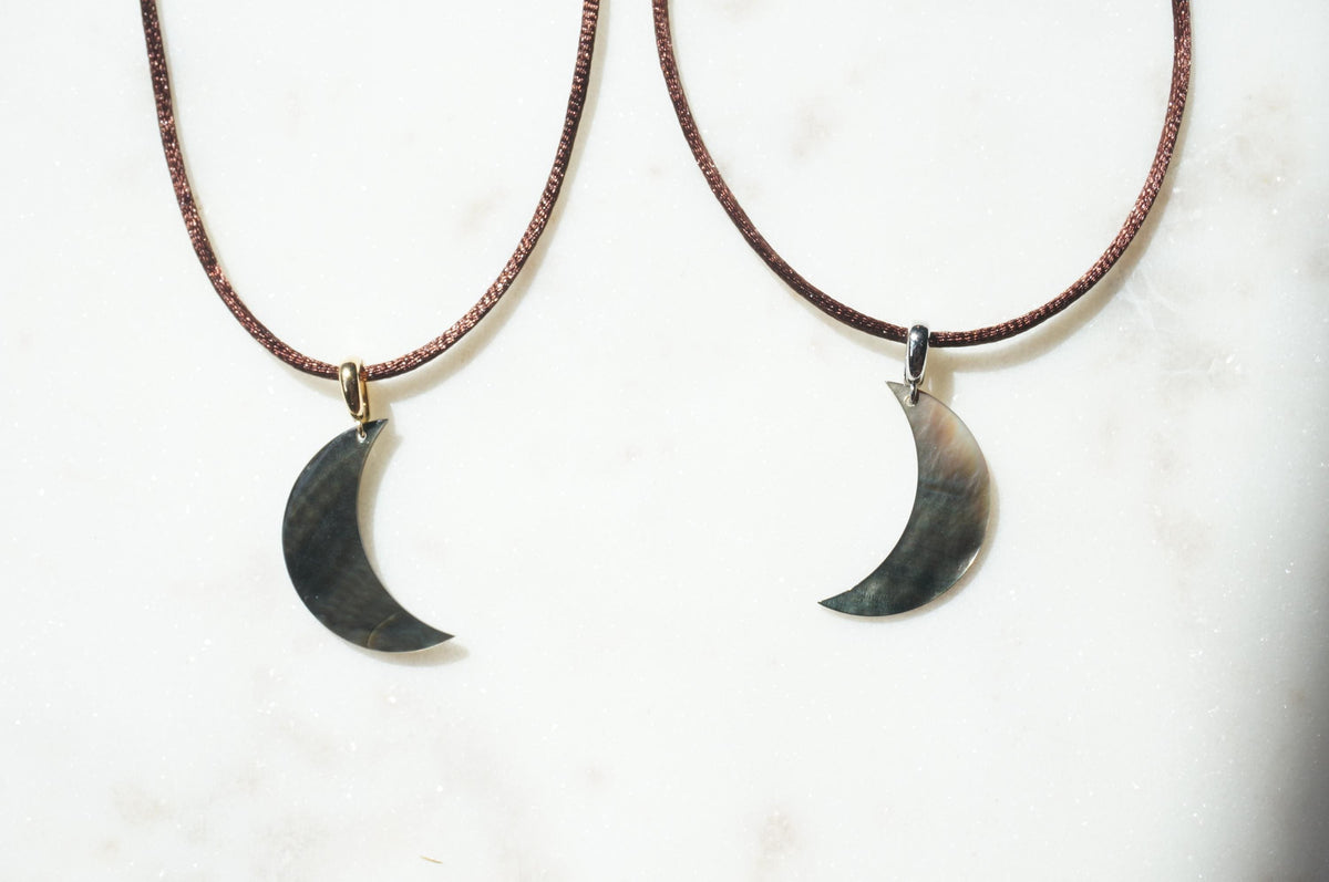 Pearl Crescent Moon Boho Sateen Cord Necklace