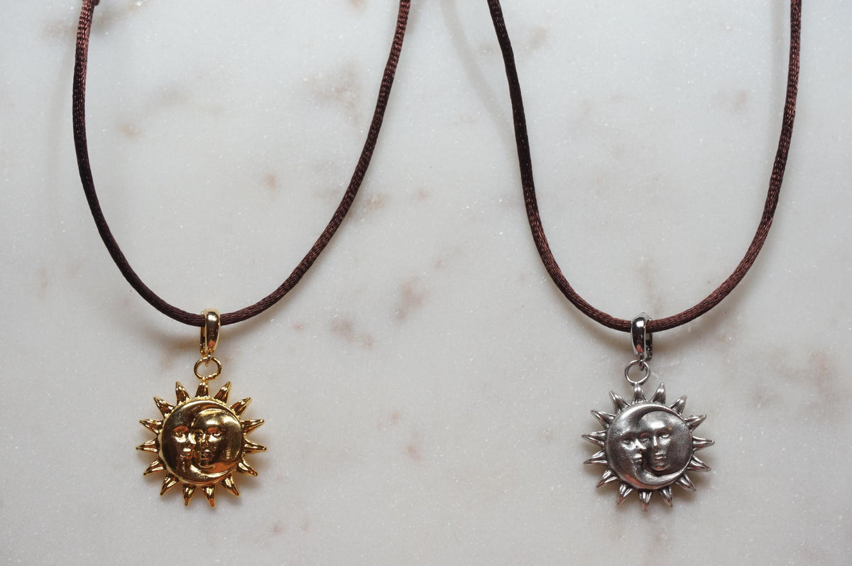 Gold/Silver Sun and Moon Pendant Boho Sateen Cord Necklace