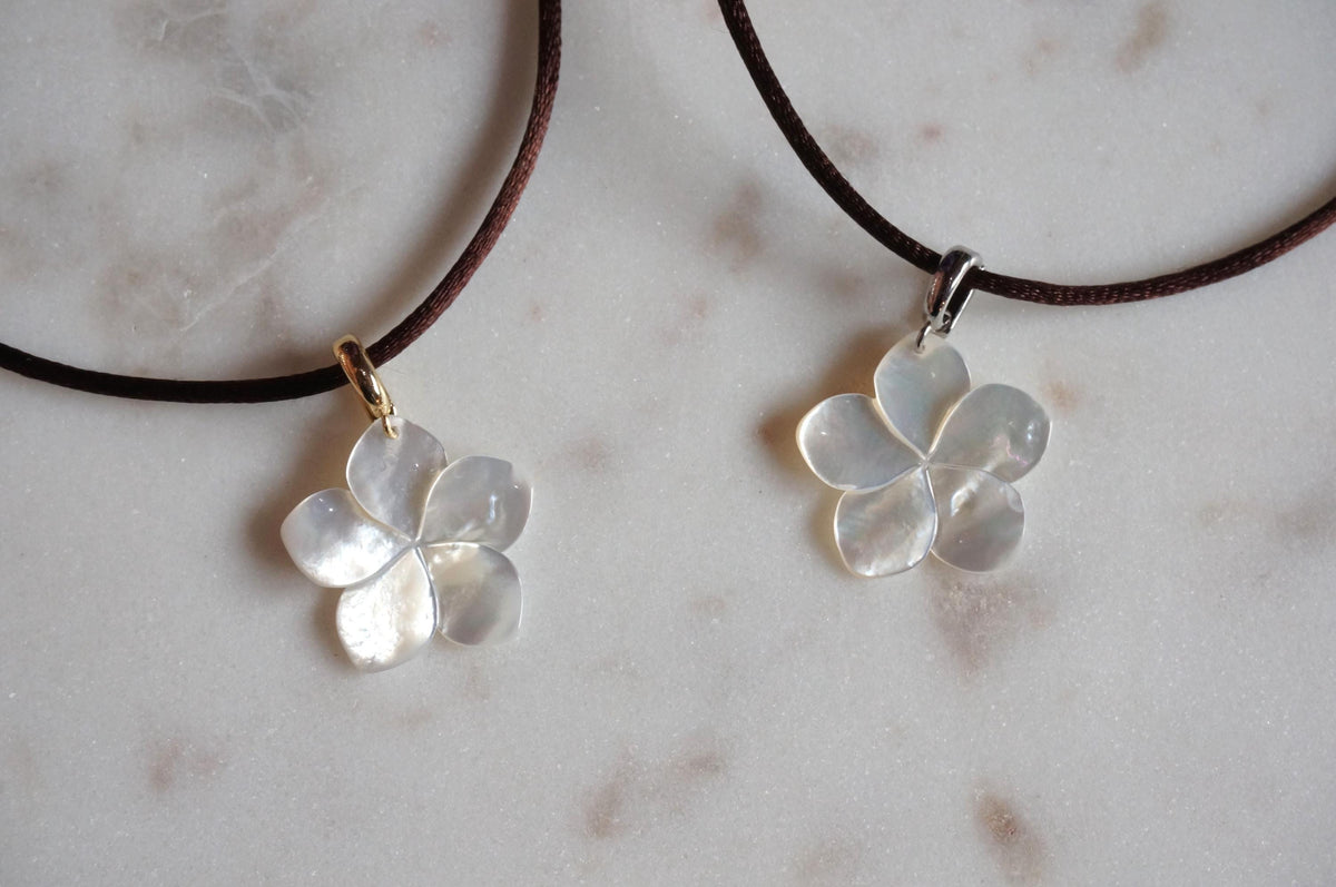 Pearl Hibiscus Pendant Nylon Sateen Cord Necklace