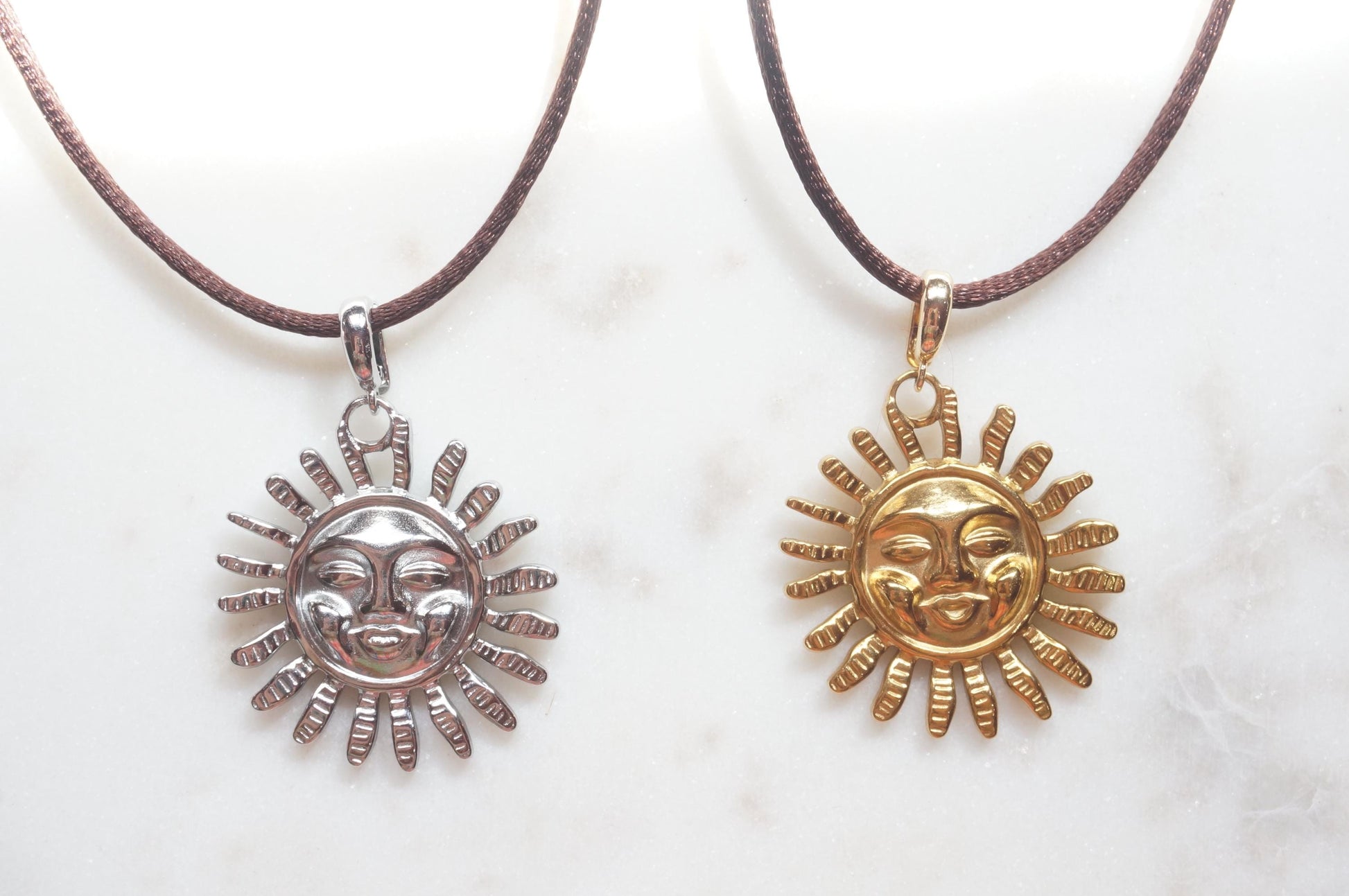 Gold/Silver Whimsical Sun Pendant Boho Sateen Cord Necklace
