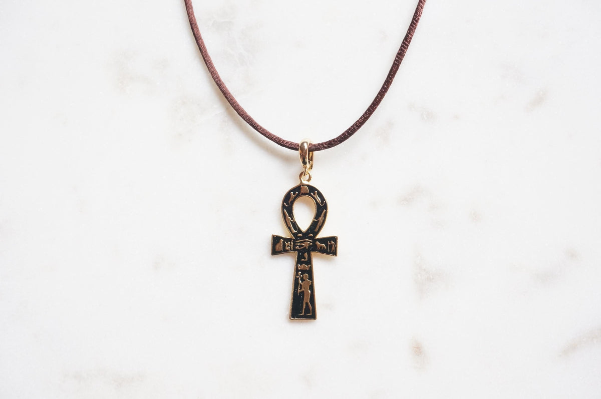 Black Ankh Boho Sateen Cord Necklace