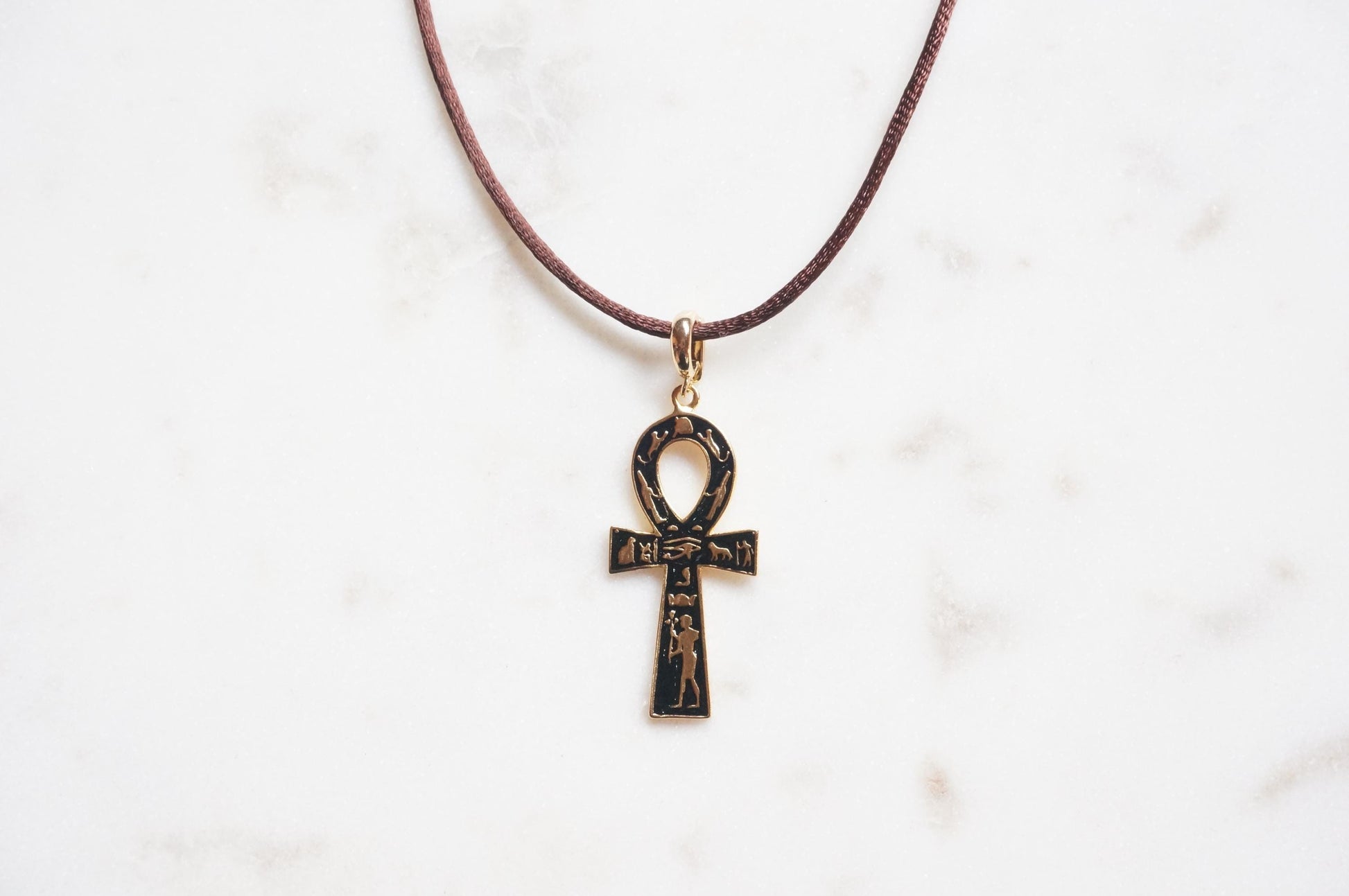 Black Ankh Boho Sateen Cord Necklace