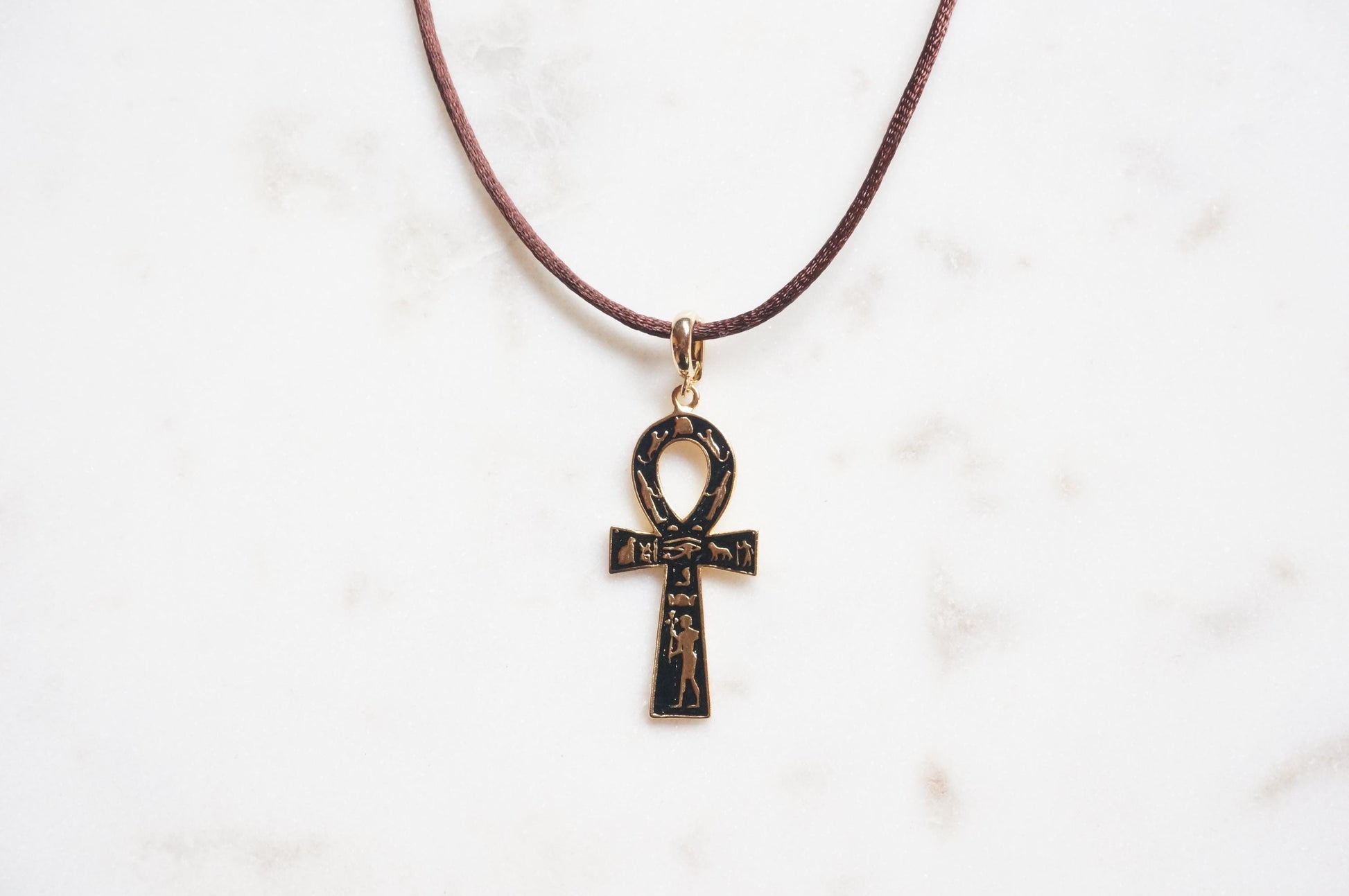 Black Ankh Boho Sateen Cord Necklace