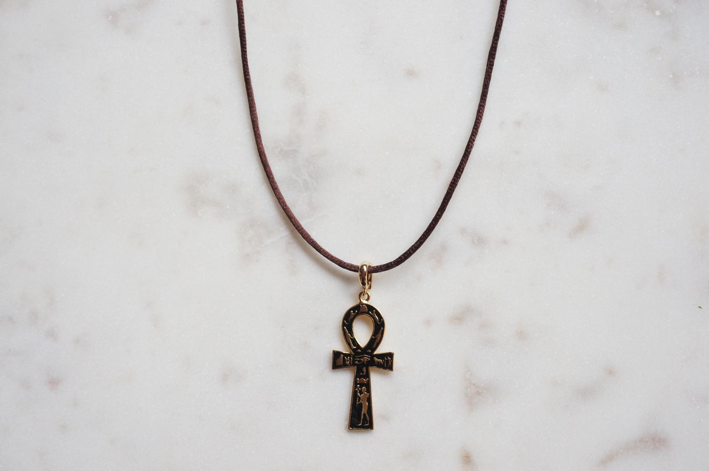 Black Ankh Boho Sateen Cord Necklace