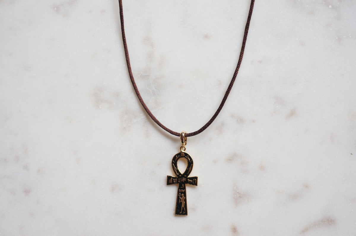 Black Ankh Boho Sateen Cord Necklace