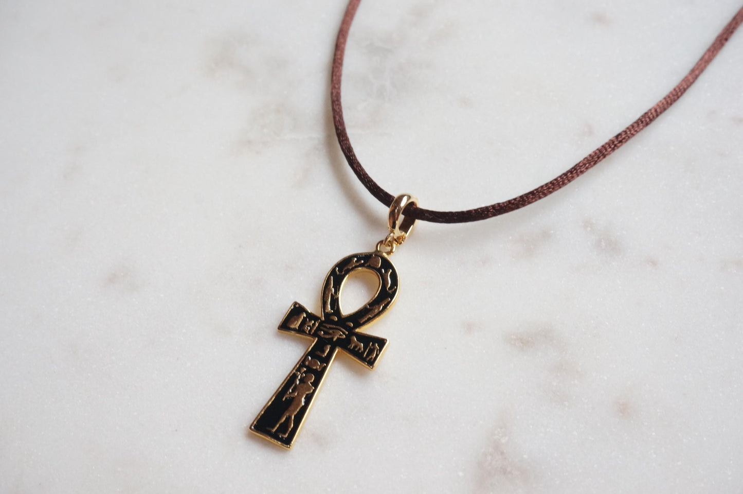 Black Ankh Boho Sateen Cord Necklace