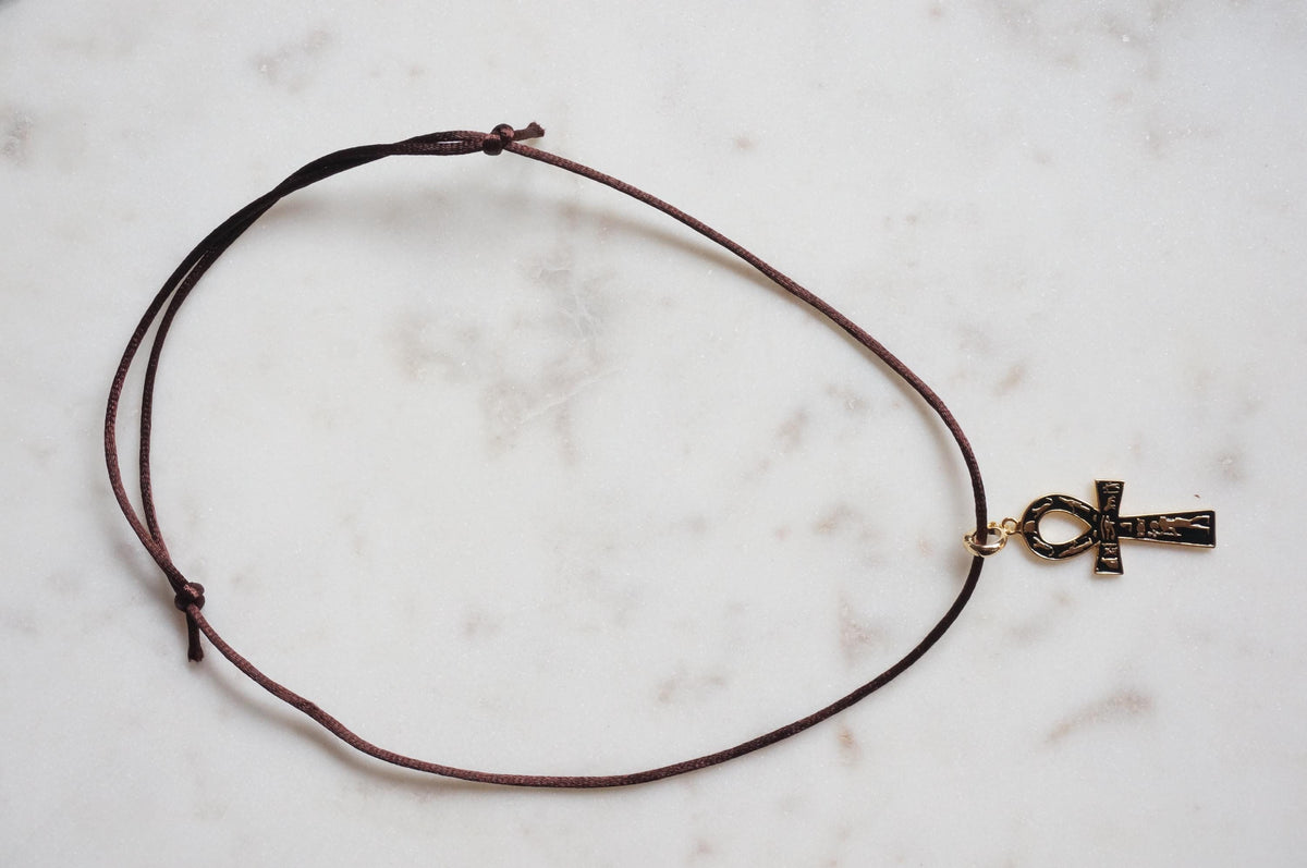 Black Ankh Boho Sateen Cord Necklace