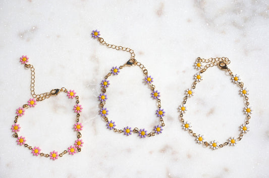 Daisy Chain Gold Bracelet / White/Pink/Purple