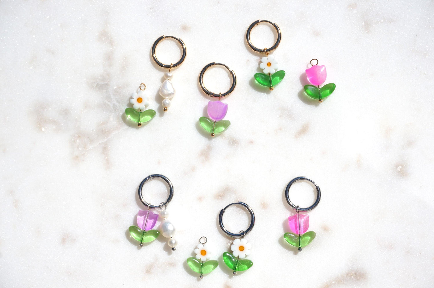 Flowers and Freshwater Pearl Hoop Earring Set