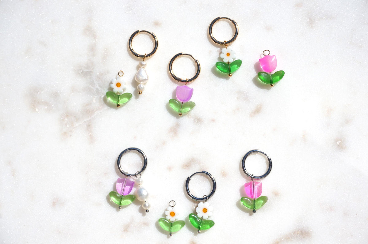 Flowers and Freshwater Pearl Hoop Earring Set