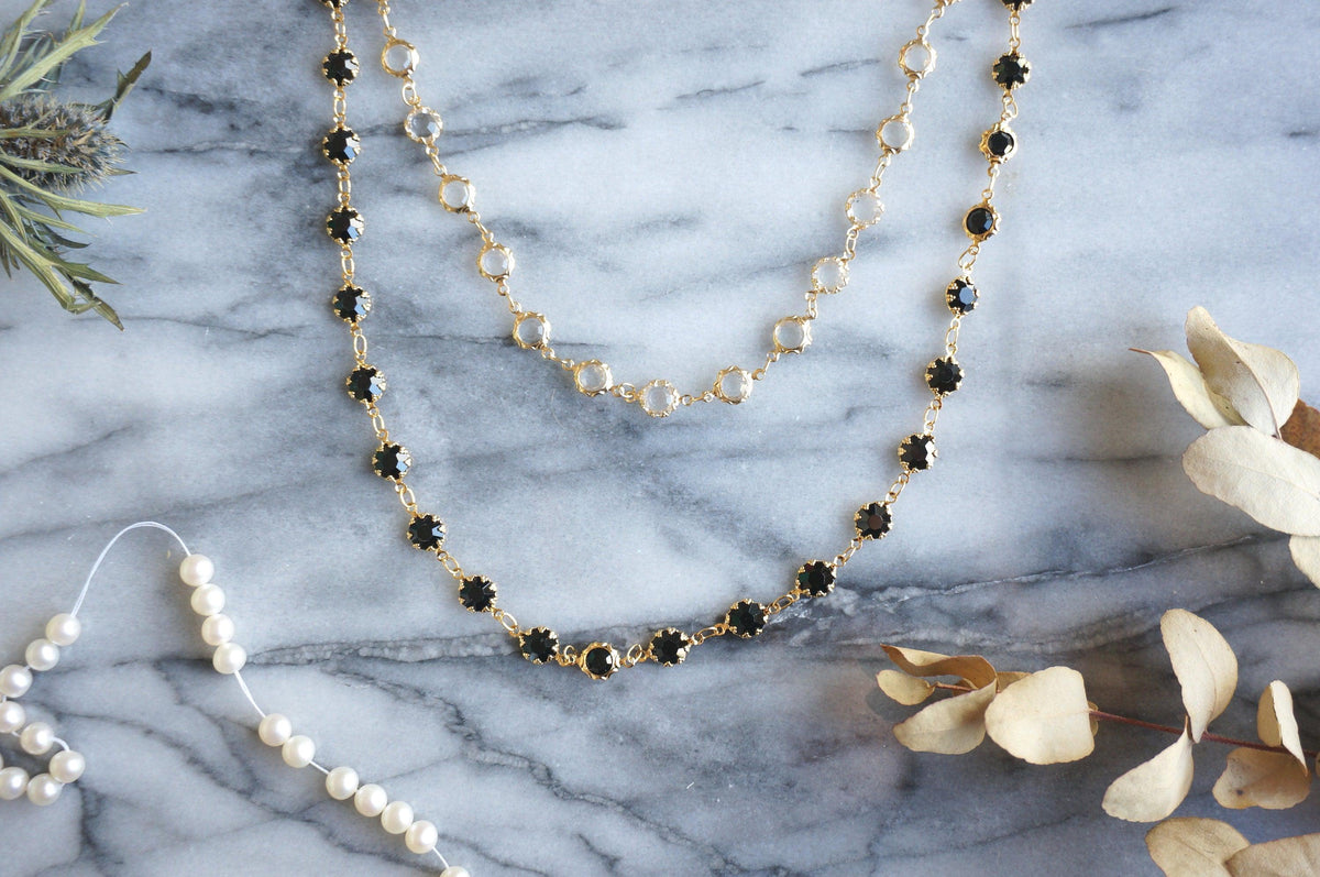 Black/Clear Crystal Gold Chain Choker/ Gold Chain Choker