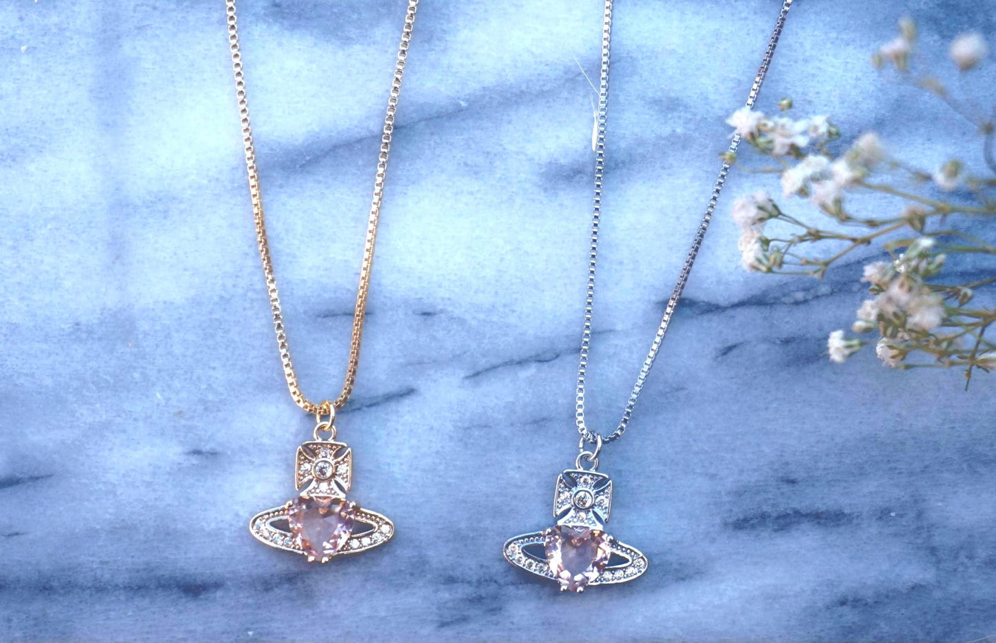 Regal Orb Pendant Necklace / Gold and Silver Peach Heart Gem Necklace