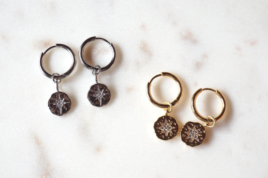 24k Gold /Silver North Star Medallion Hoop Earrings