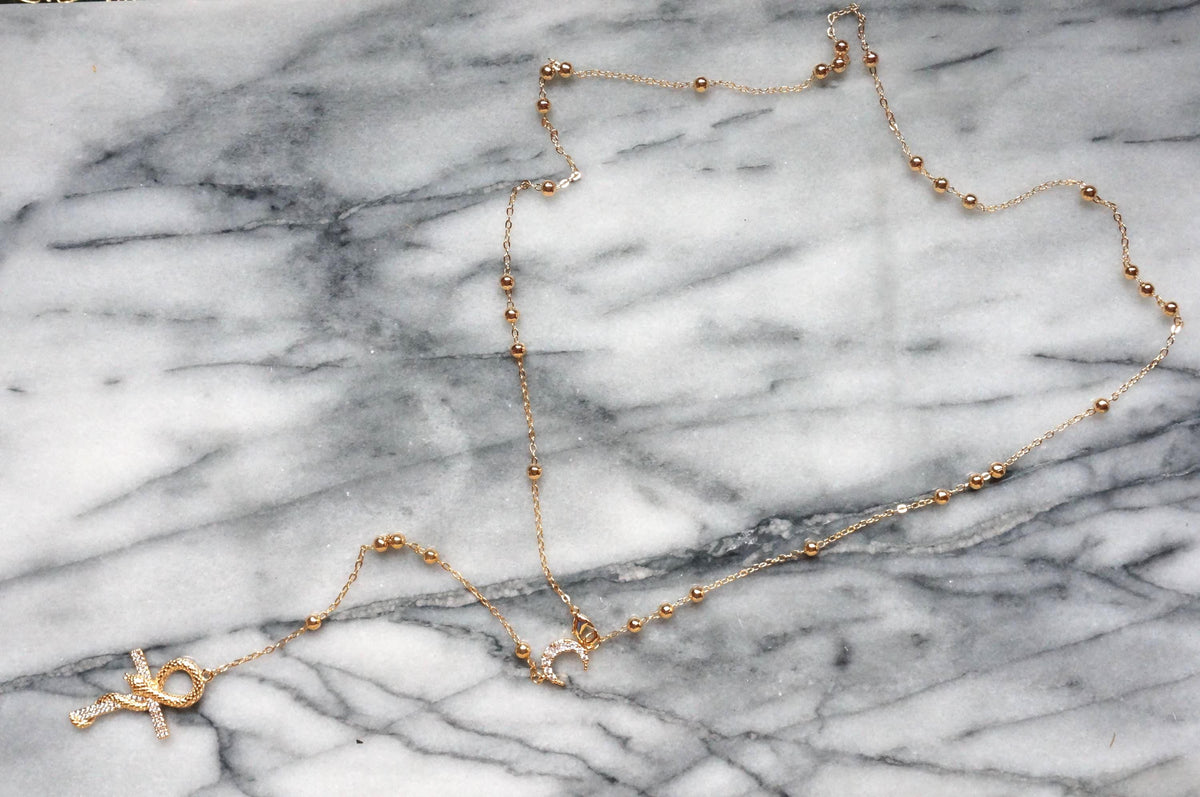 Snake Ankh and Moon Gold/Silver Rosary Style Necklace / Cross Necklace