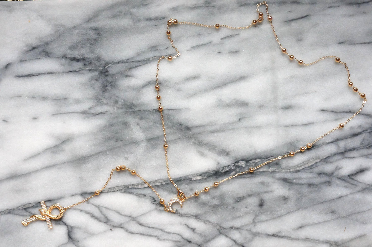 Snake Ankh and Moon Gold/Silver Rosary Style Necklace / Cross Necklace