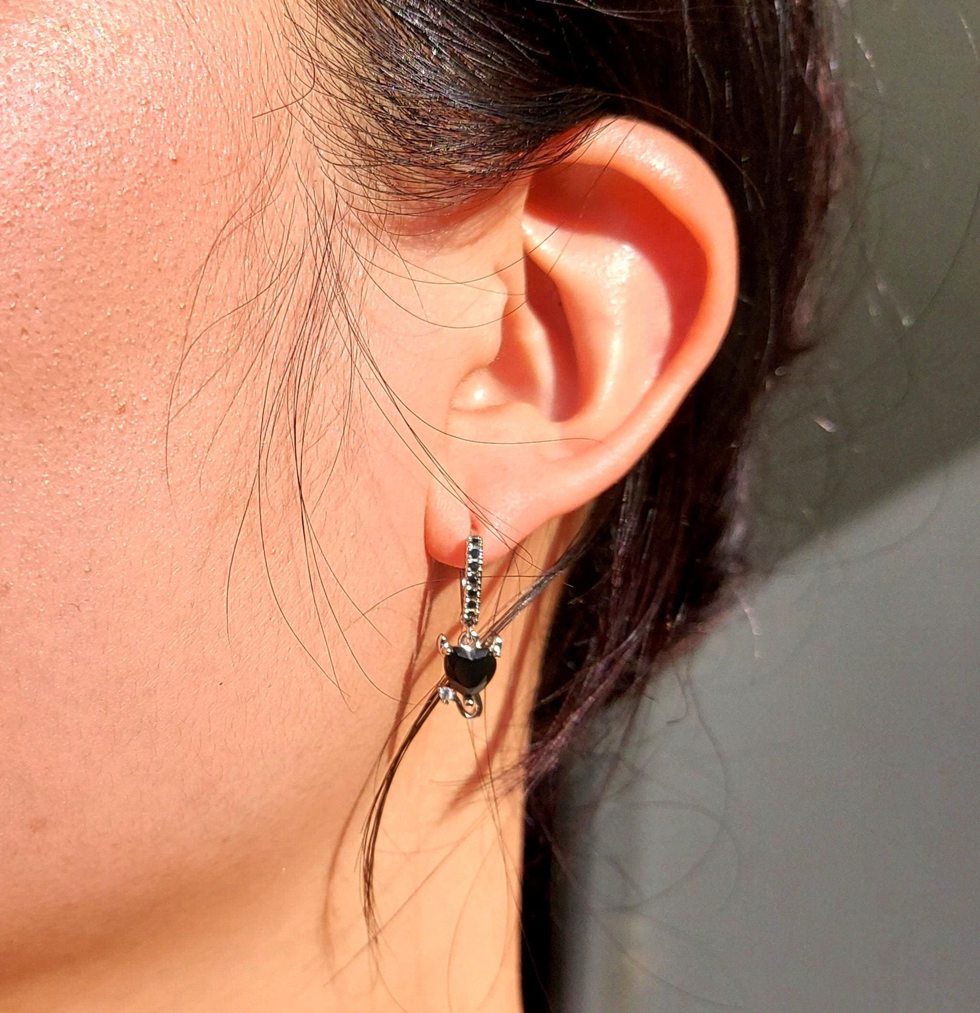BEDAZZLED Gold/Silver Black Devil's Heart Mini Hoop/Huggie Earrings