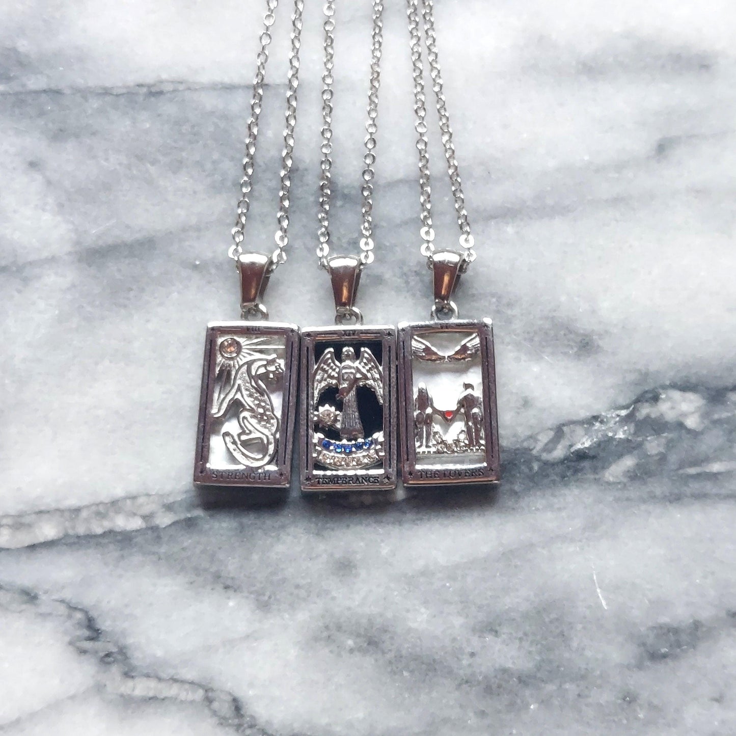 Silver Tarot Card Necklaces / Tarot Card Frame Necklaces / Temperance / The Lovers / Strength
