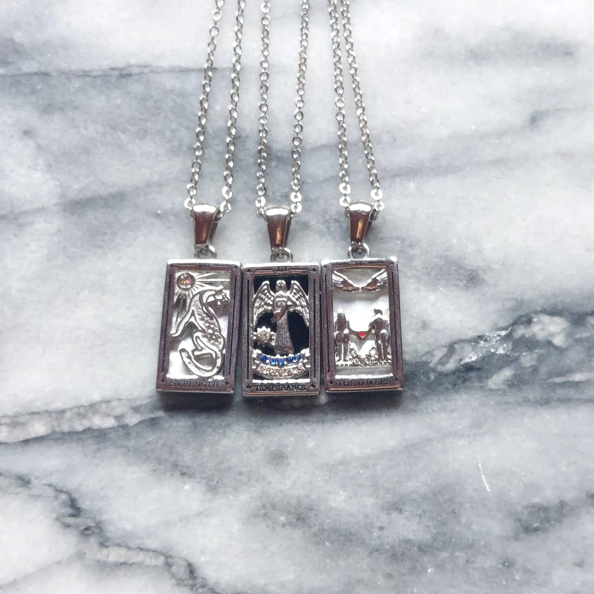 Silver Plated Brass Tarot Necklace with Mother of Pearl Backing – Temperance / The Lovers / Strength Card