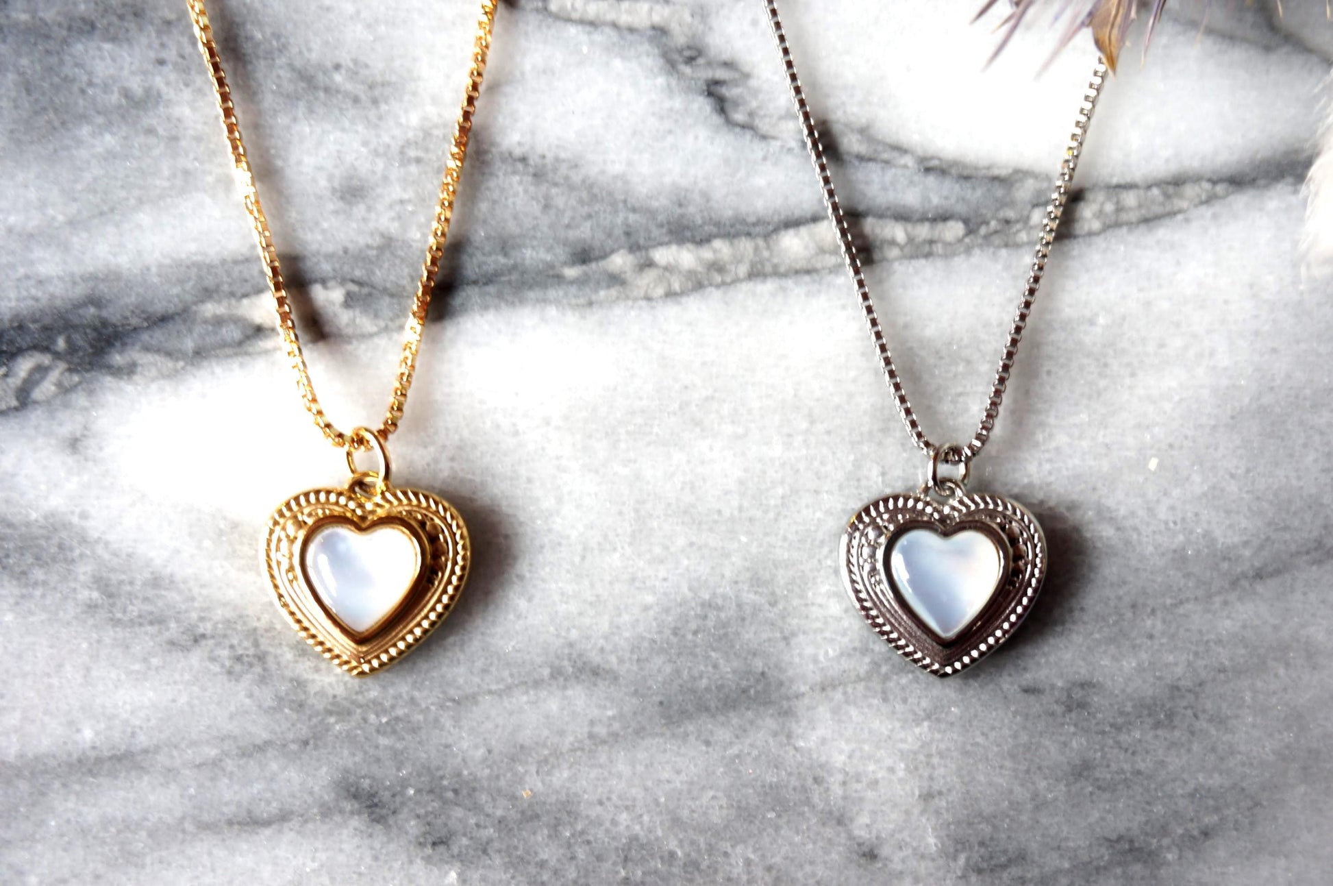 Antique Heart with Mother of Pearl Inlay Necklace Gold/Silver