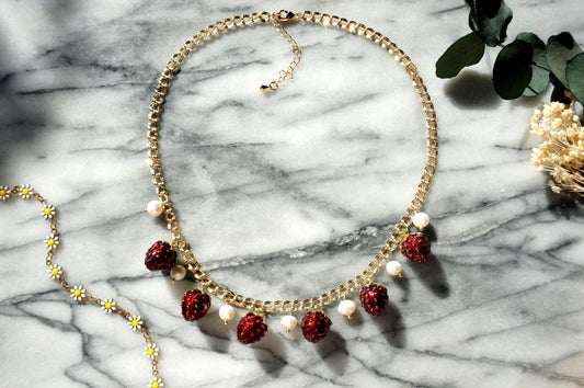 Strawberry Field Pearl cluster necklace, strawberries and pearl gold necklace