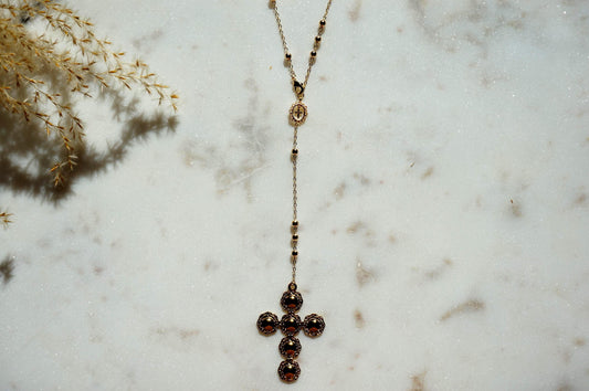 Gold Plated Rosary Style Necklace with Big Cross